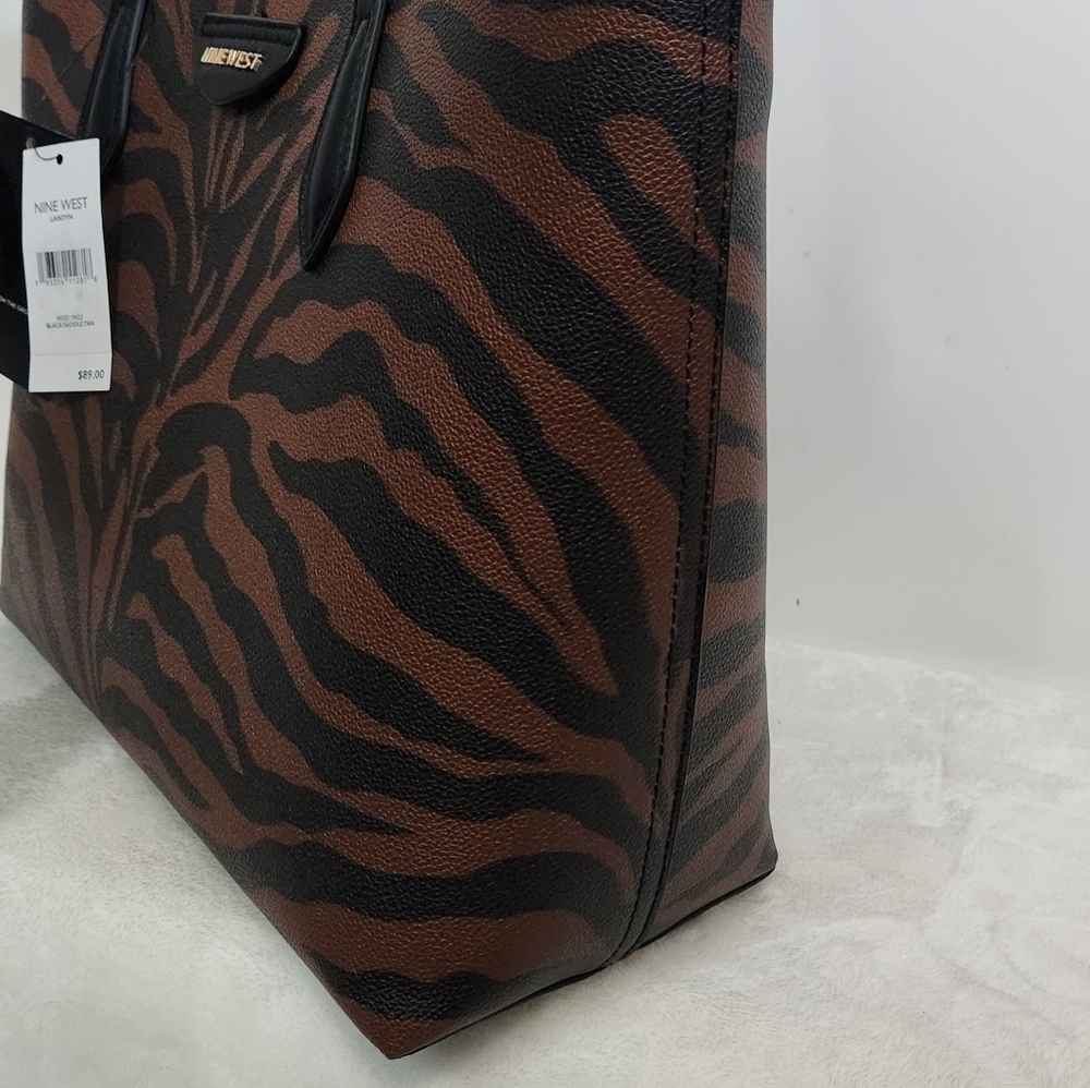 Nine West Landyn Black Saddle Tan Zebra Tote Shoulder Bag Purse - Picture 6 of 16